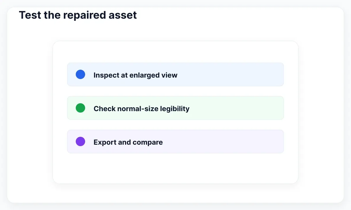 A compact checklist tests a repaired vector at enlarged view, normal size and export.