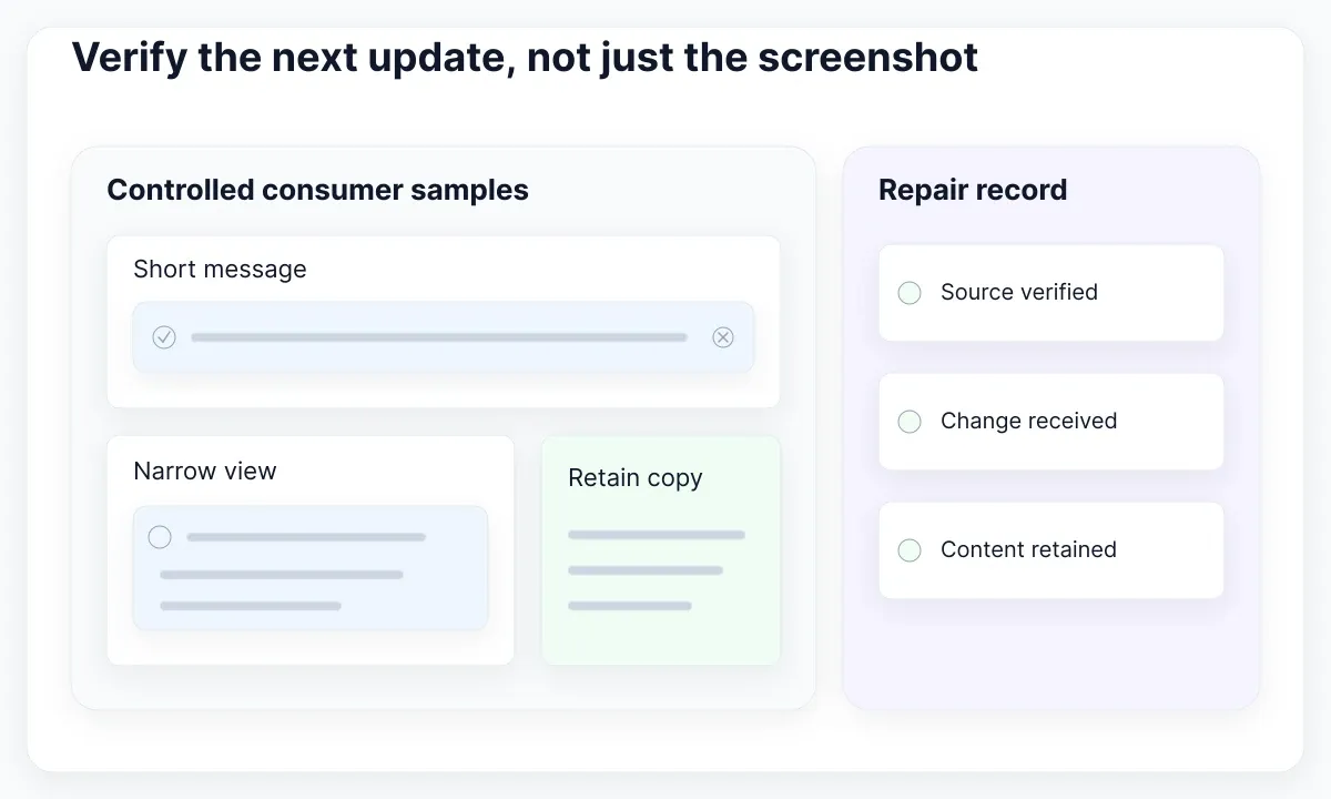 Proposed verification board: inspect short and narrow alert samples and record source, delivery and retained content.