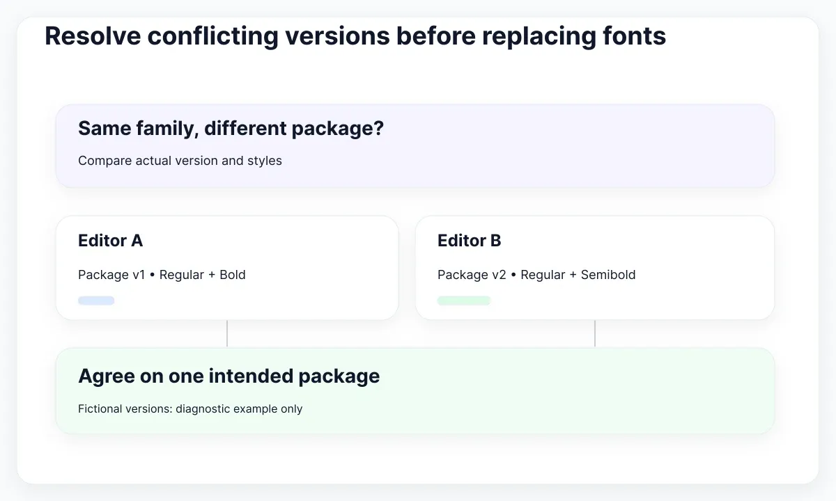 Diagnostic illustration: Resolve conflicting versions before replacing fonts