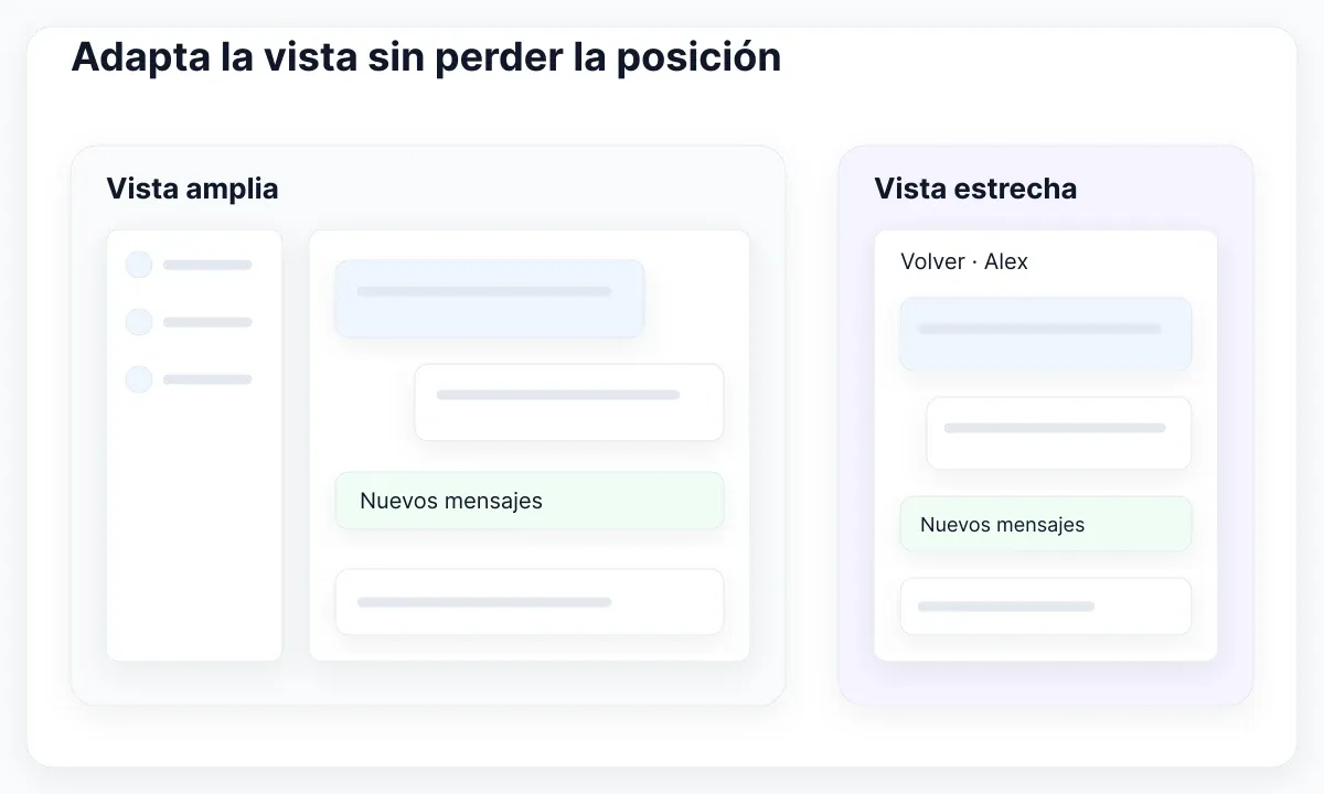 Vistas propuestas amplia y estrecha: acceso explícito a novedades mientras se revisa el historial.
