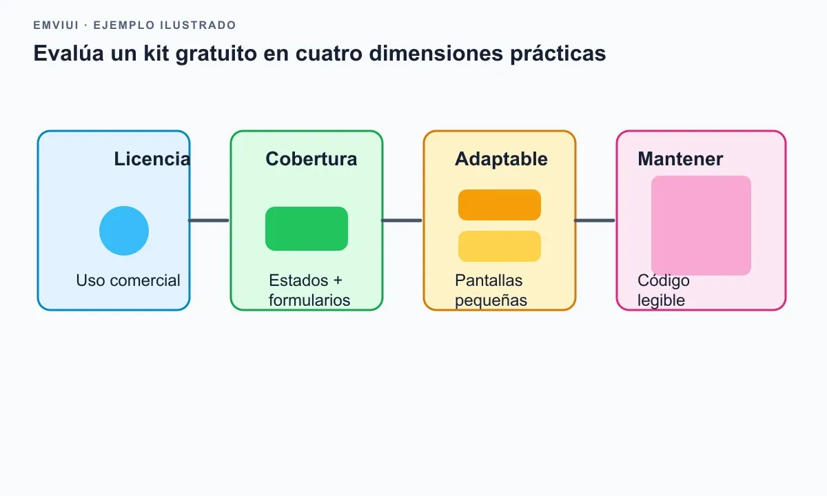 Cuatro áreas de revisión conectadas representan licencia, cobertura, adaptación y mantenimiento.