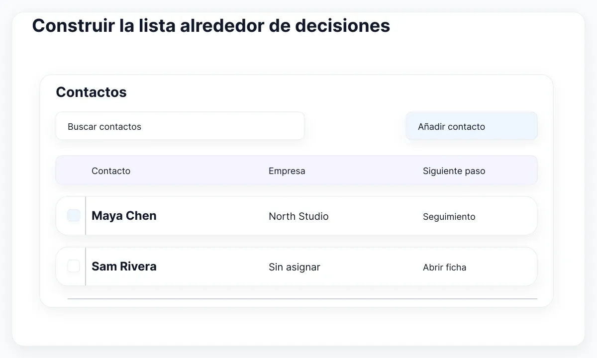 Espécimen de interfaz CRM ficticia: Construir la lista alrededor de decisiones