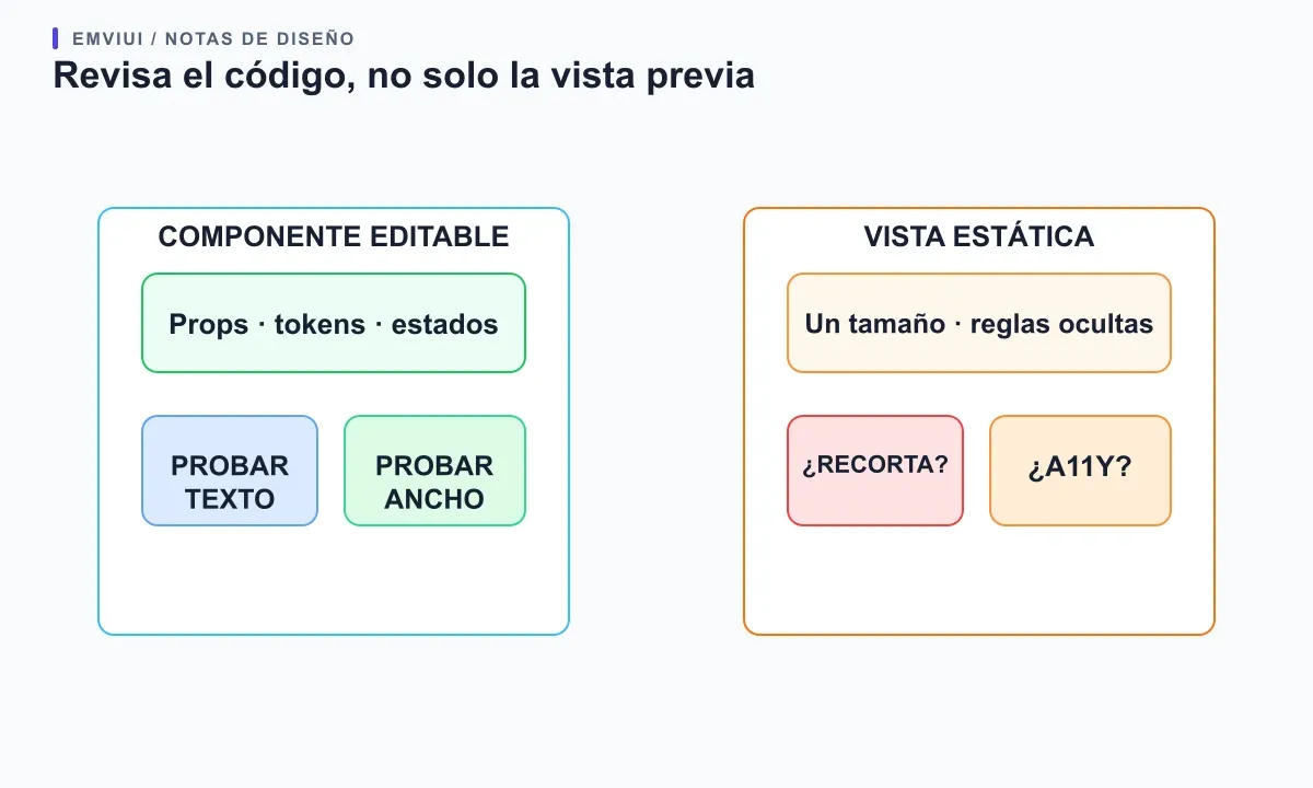 Esquema de revisión que separa estructura de componentes mantenible de una vista estática.