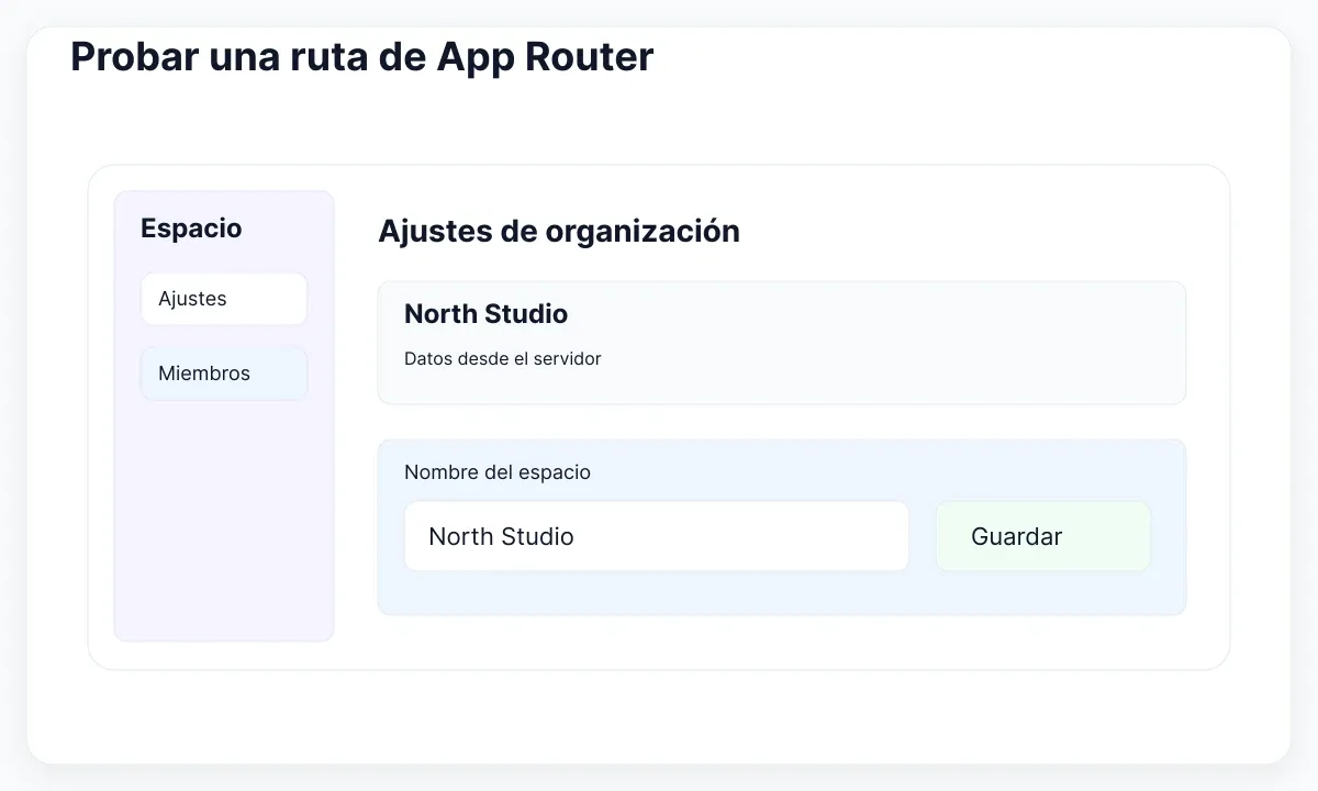 Ruta de ajustes con navegación, resumen y área interactiva de guardado.