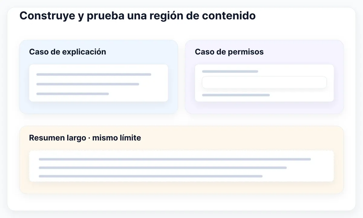 Tres casos propuestos prueban explicación, campos y contenido largo dentro de la misma estructura.