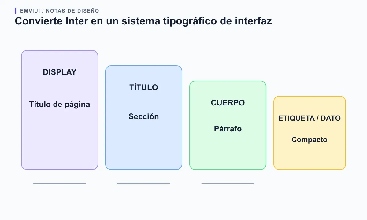 Una escala tipográfica descendente asigna funciones display, título, cuerpo, etiqueta y dato a tamaños más compactos