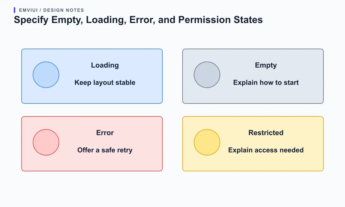 Four dashboard state cards distinguish loading, empty, recoverable error, and restricted access with next actions
