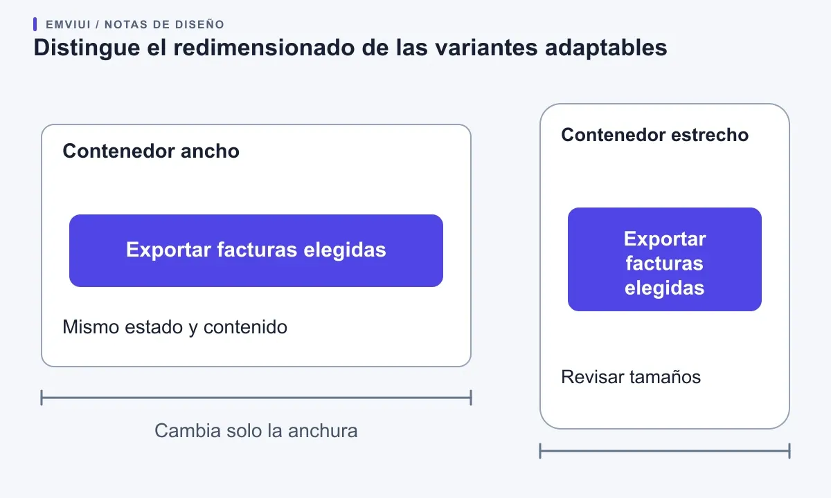 Contenedores ancho y estrecho con el mismo texto y estado de botón para diagnosticar su tamaño.