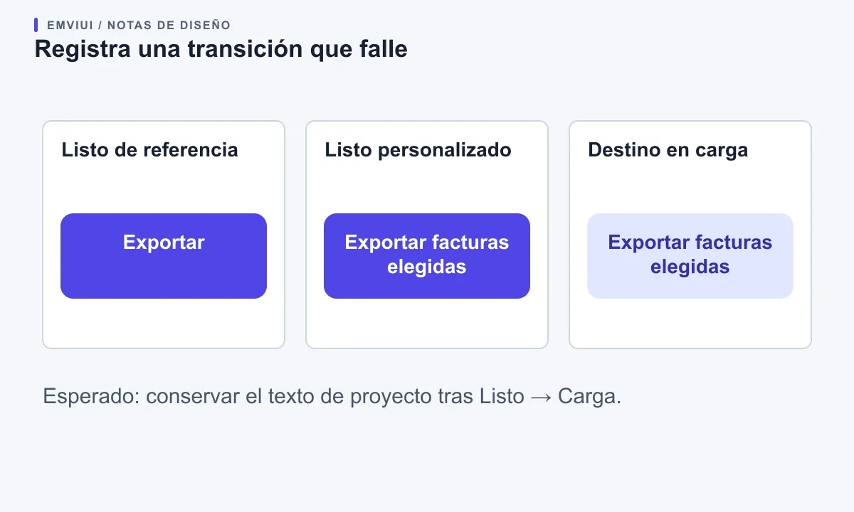 Tres instancias de botón separan la referencia, el texto de proyecto y el resultado de carga esperado.