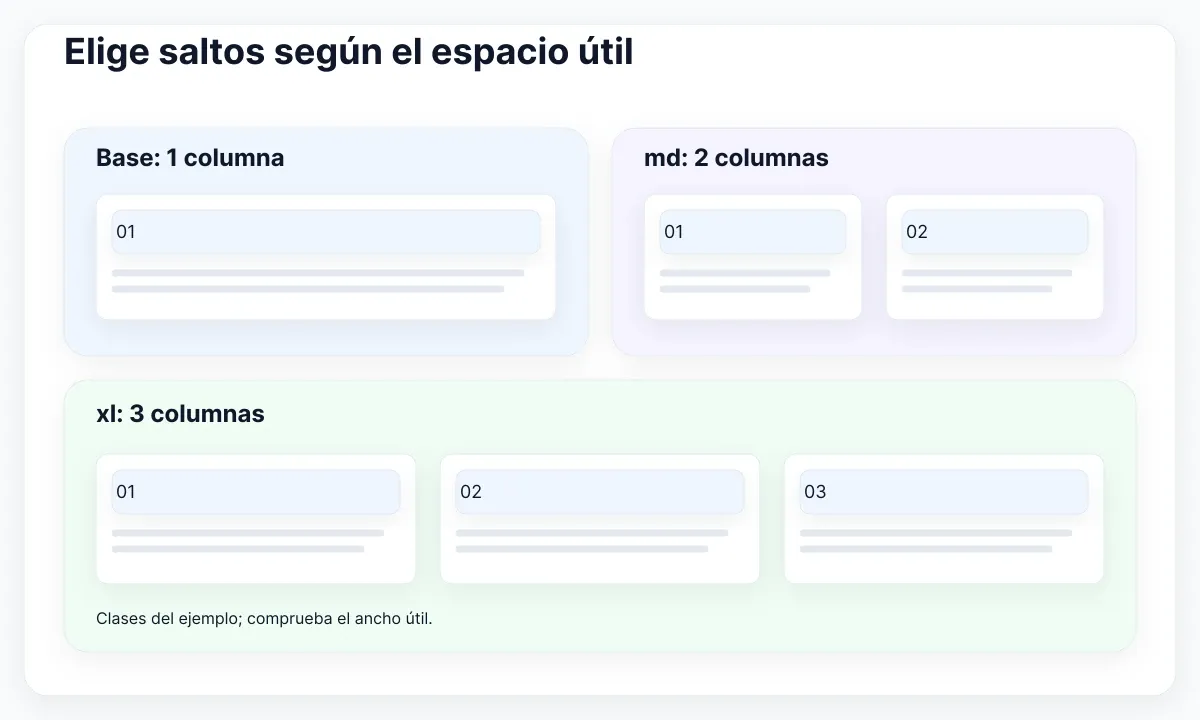 Tarjetas en una, dos y tres columnas con una base estrecha y estados más amplios