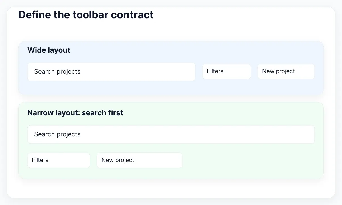 Proposed toolbar with a wide search row and narrow stacked search and actions.