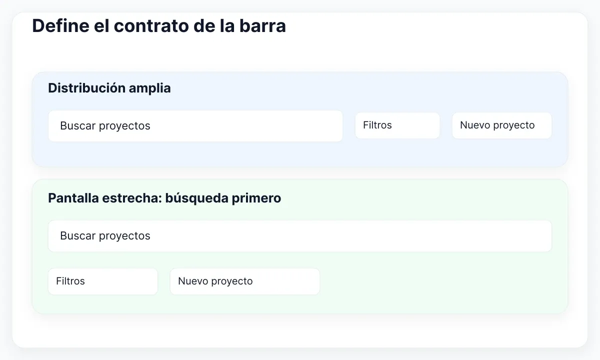 Barra propuesta con buscador en fila amplia y controles apilados en pantalla estrecha.