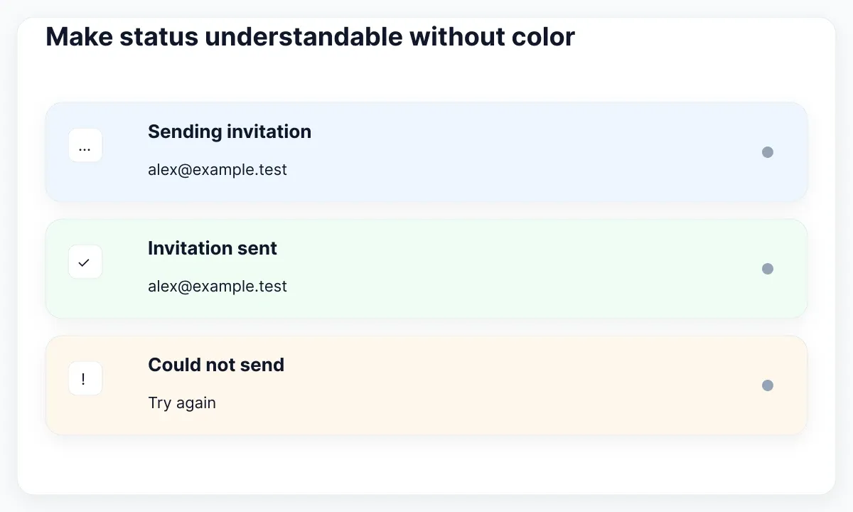 Pending, sent and failed invitation messages combine words and distinct symbols.