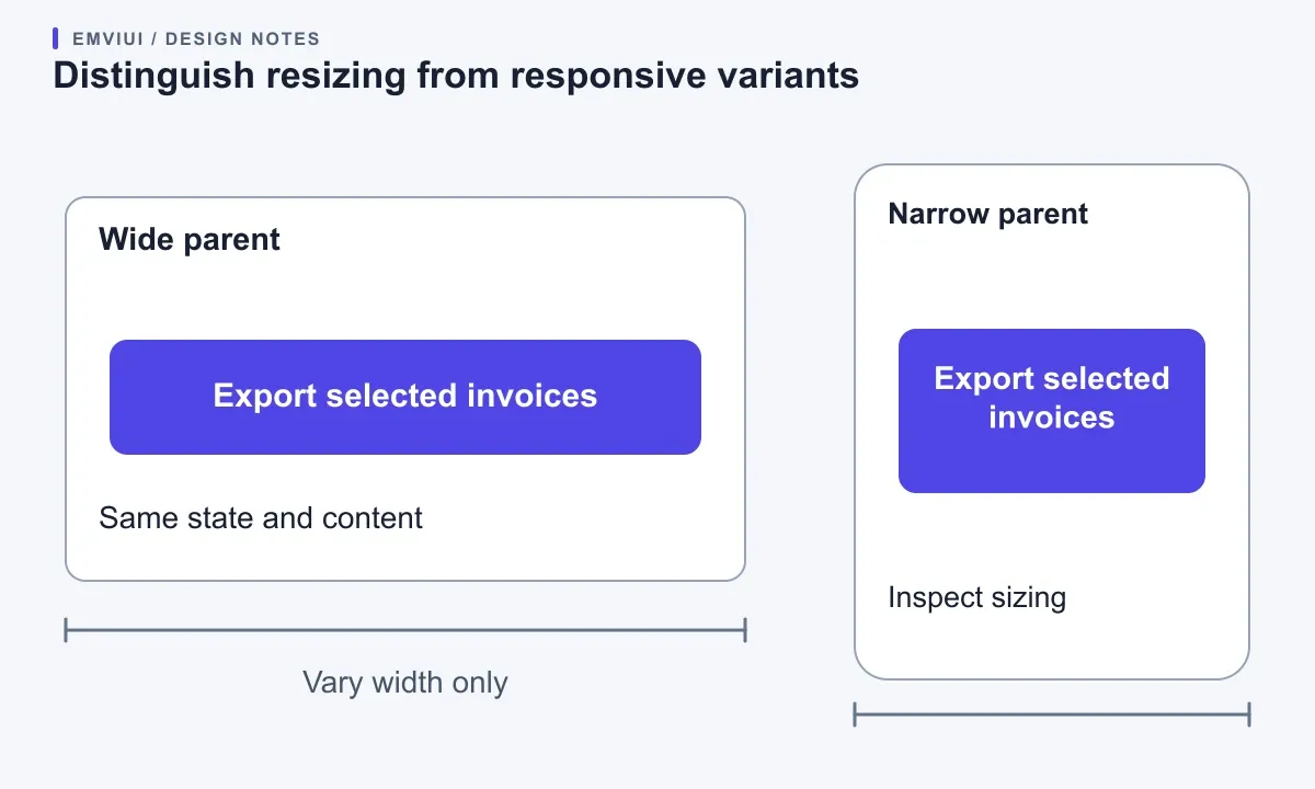 Wide and narrow parent frames contain the same button content and state for a sizing diagnosis.