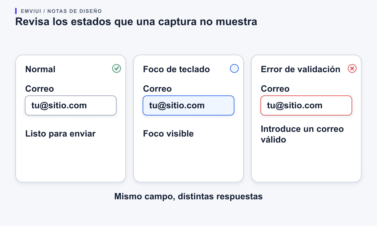 Un campo de correo en estado normal, con foco de teclado y con un error de validación.
