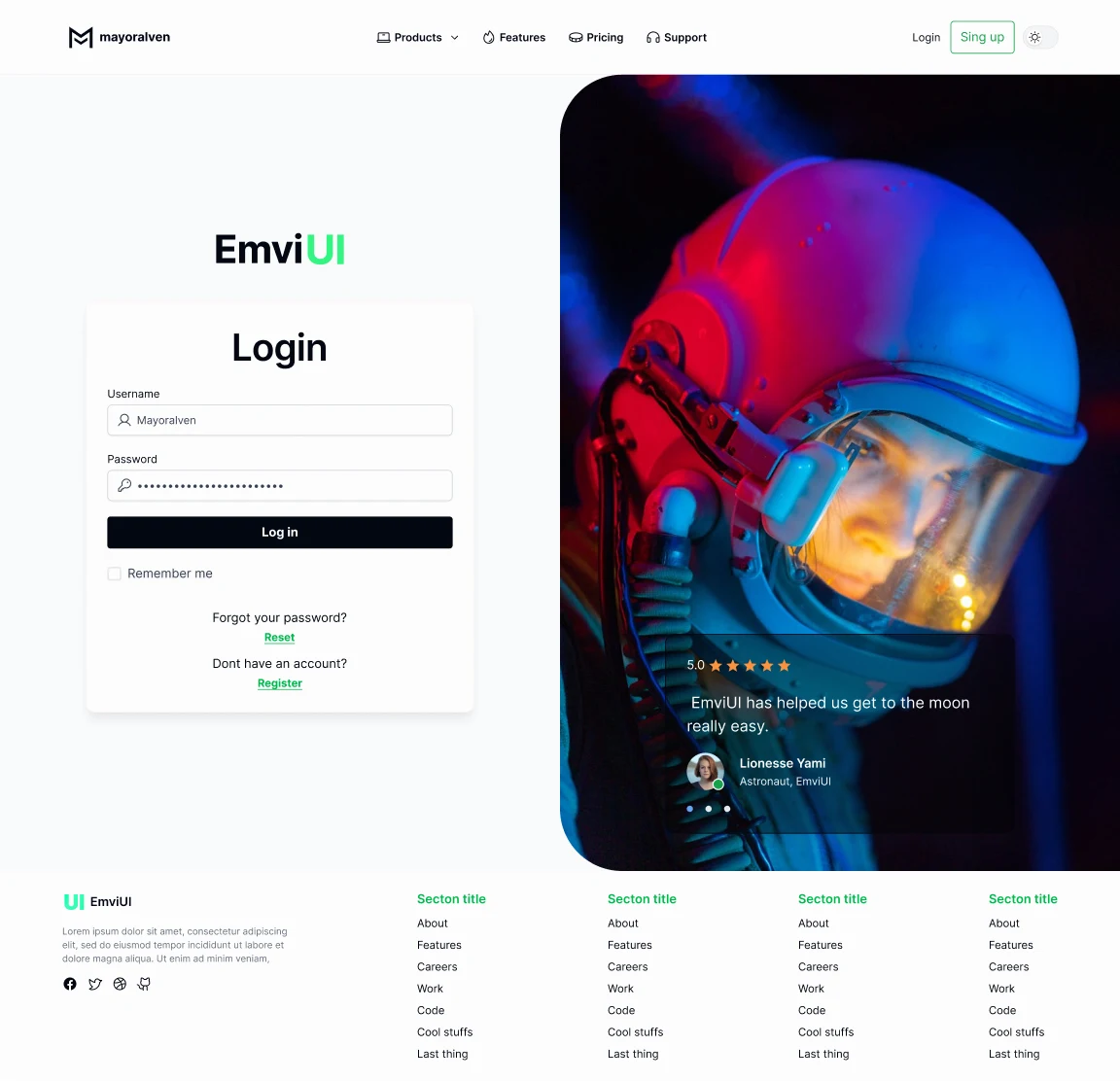 Finished EmviUI sign-in composition with navigation, form fields, primary action, and supporting content