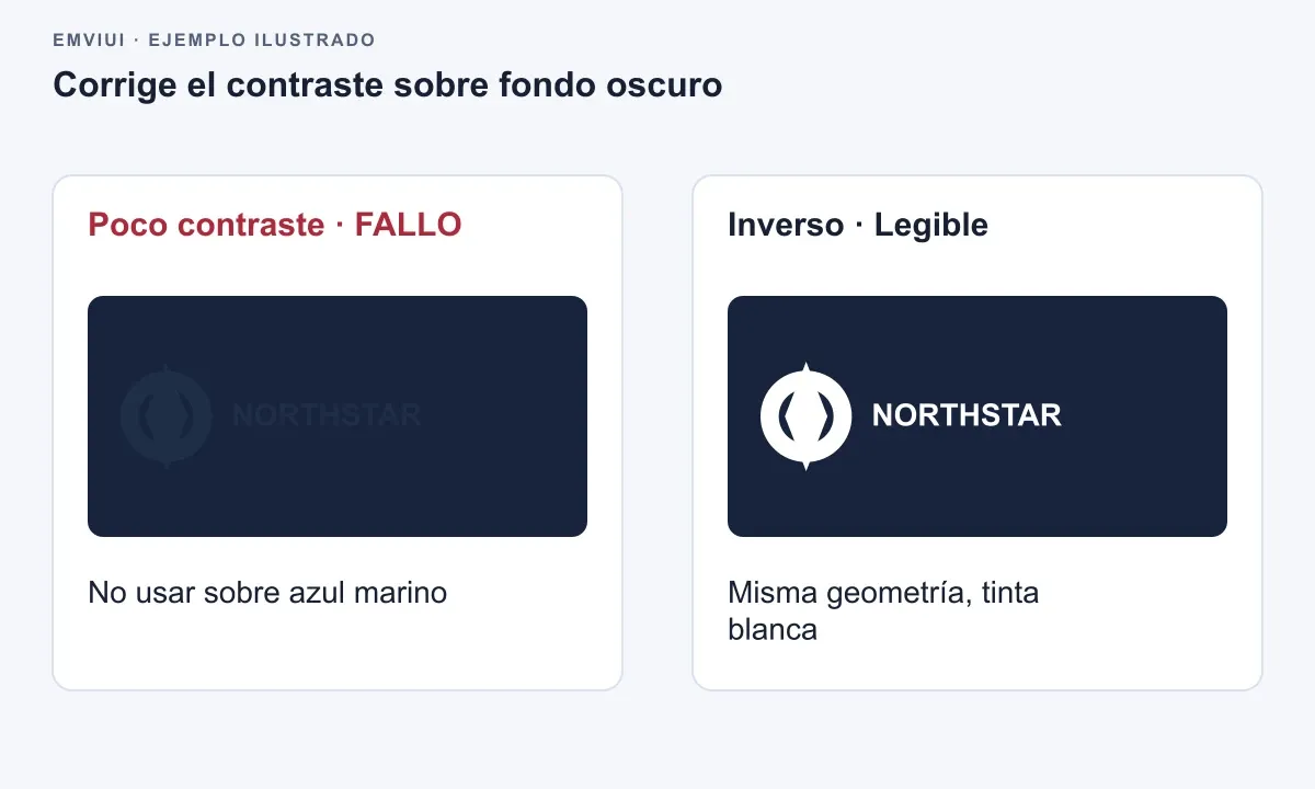 Dos paneles azul marino comparan el logo Northstar con contraste insuficiente y su versión blanca legible.