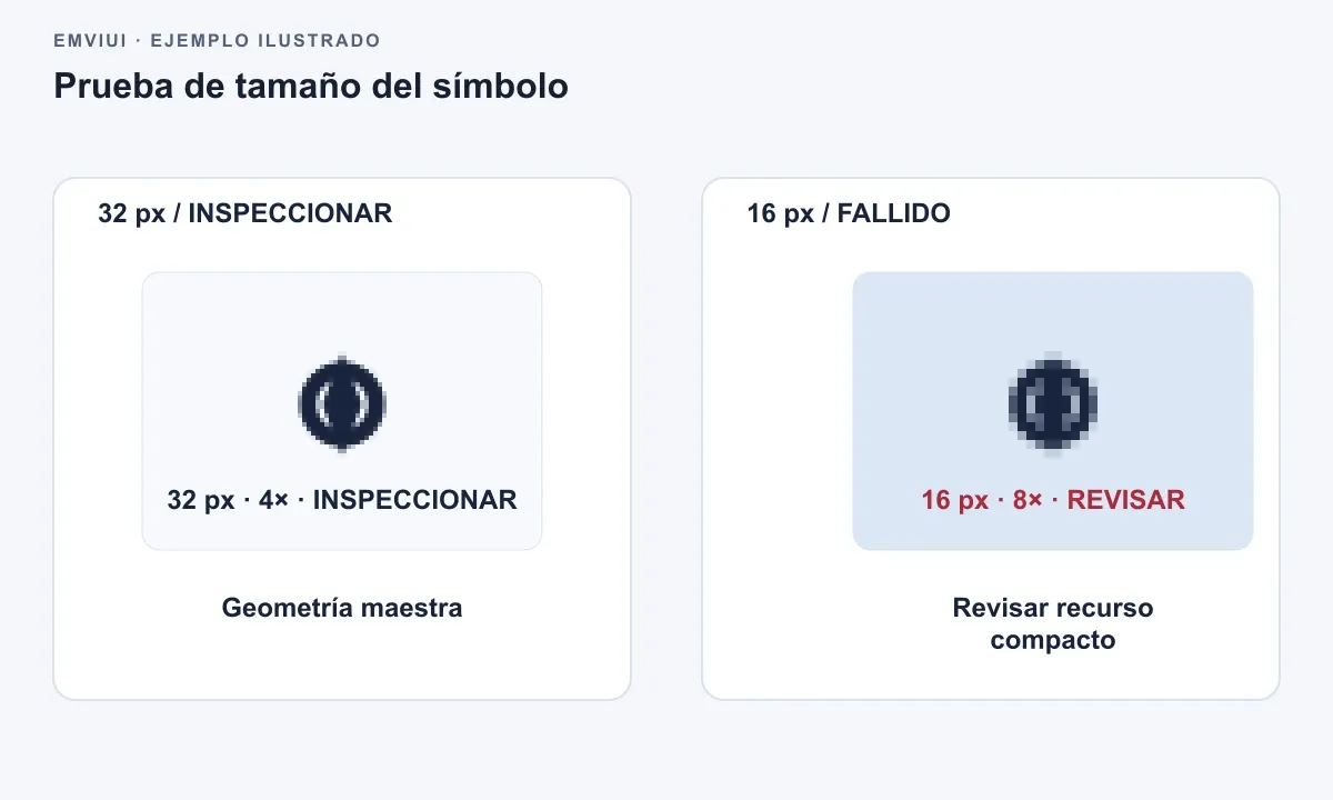Dos especímenes raster grandes: el símbolo de 32 px conserva la geometría maestra para inspeccionar; el de 16 px pierde detalle y requiere un recurso compacto revisado.