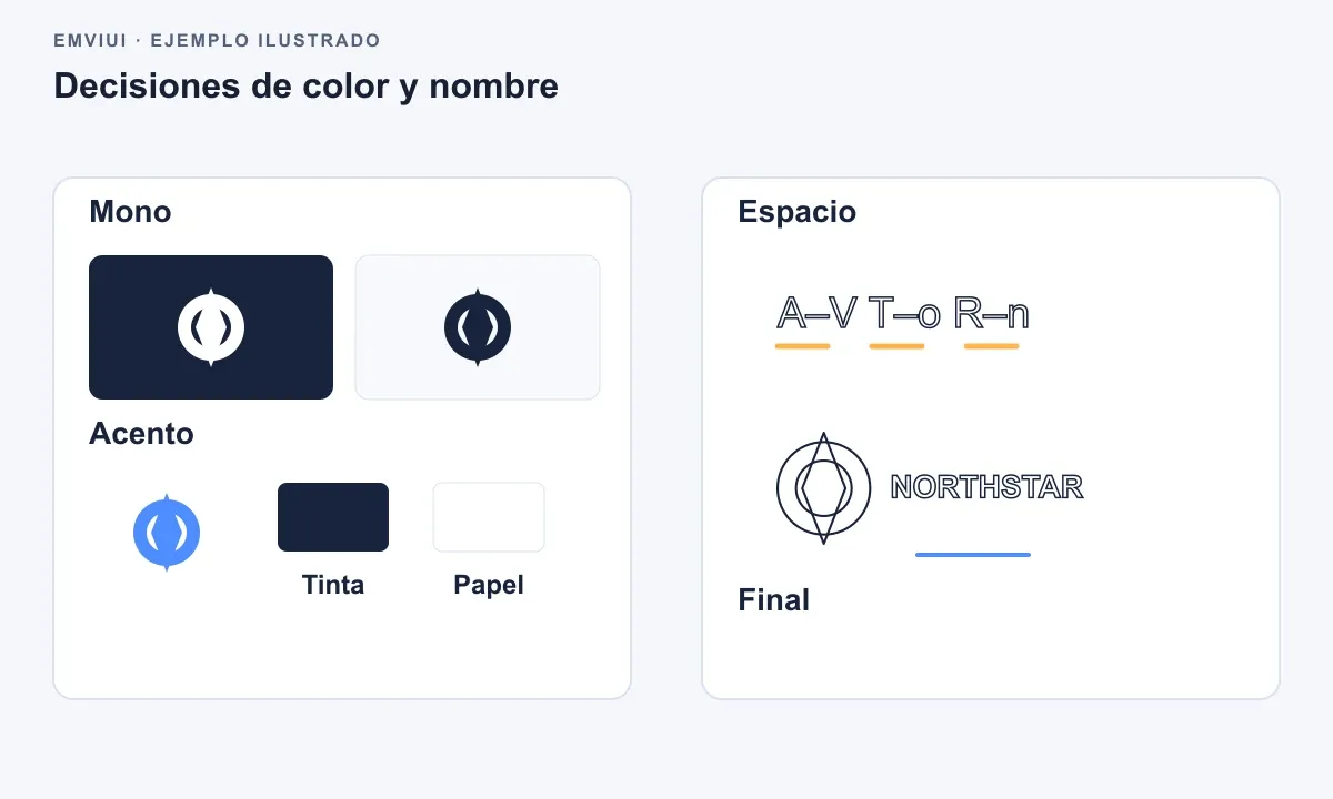 Marcas Northstar en blanco y negro, acento e inversa comparan colores y espaciado.