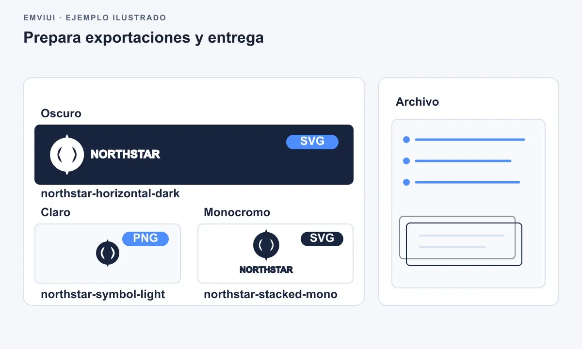 Un tablero de exportación muestra marcos aprobados, distintivos SVG y PNG y nombres claros.
